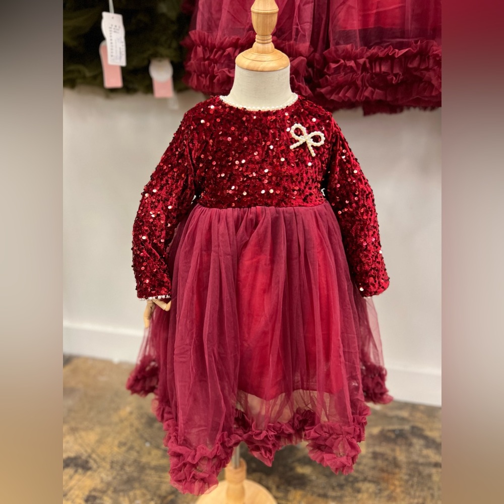 Christmas holiday sequin tulle dress, fleece lined, pearl collar and cuffs